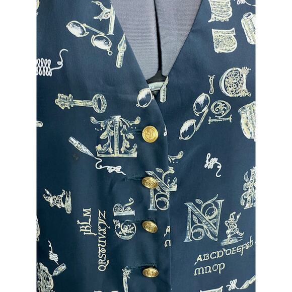 Liz Claiborne vest preppy blue white vintage 1980s novelty print steampunk - Picture 3 of 11